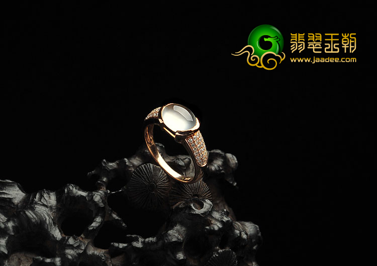 冰玻种无色缅甸翡翠A货镶玫瑰金戒指(真钻)