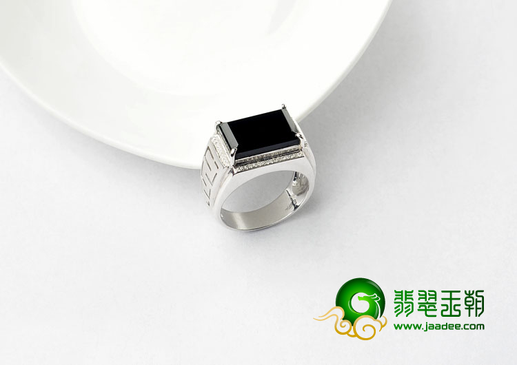 玻璃种墨翠缅甸翡翠A货镶白金钻石戒指(男戒)