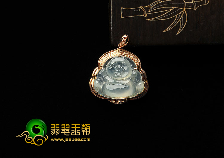 冰种淡晴水缅甸翡翠A货镶玫瑰金玉佛胸坠(真钻)