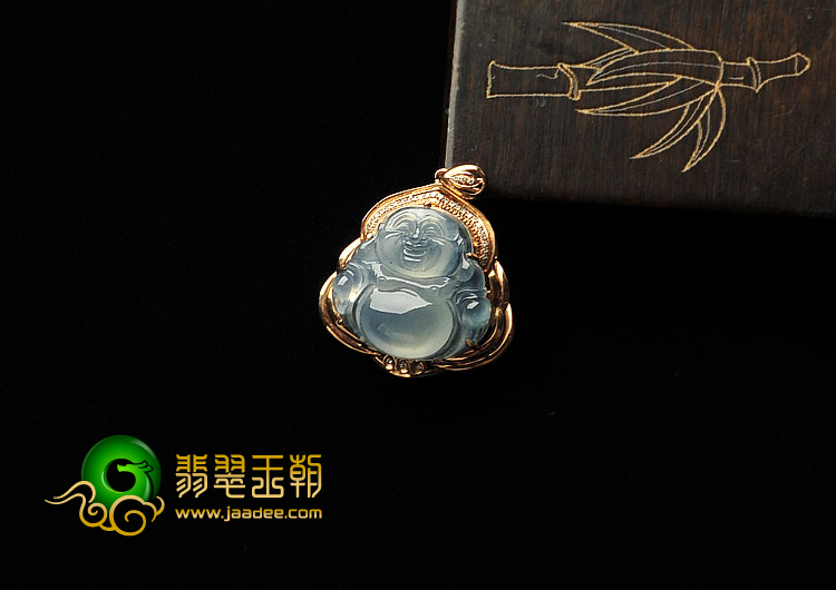 冰种淡晴水缅甸翡翠A货镶玫瑰金玉佛胸坠(真钻)