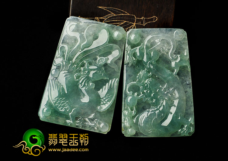 (超值推荐)冰种晴水缅甸翡翠A货龙凤牌挂件(一对)