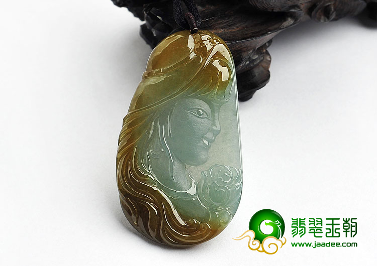 糯冰种褐黄翡缅甸翡翠A货美女挂件
