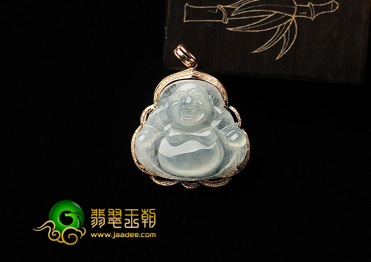 冰种淡晴水缅甸翡翠A货镶玫瑰金玉佛胸坠(真钻)