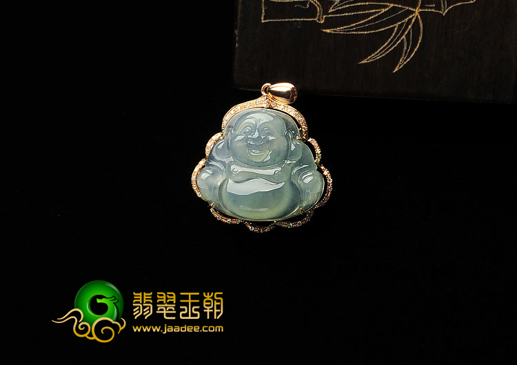冰种晴水缅甸翡翠A货镶玫瑰金玉佛胸坠(真钻)