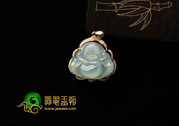 冰种淡晴水缅甸翡翠A货镶玫瑰金玉佛胸坠(真钻)