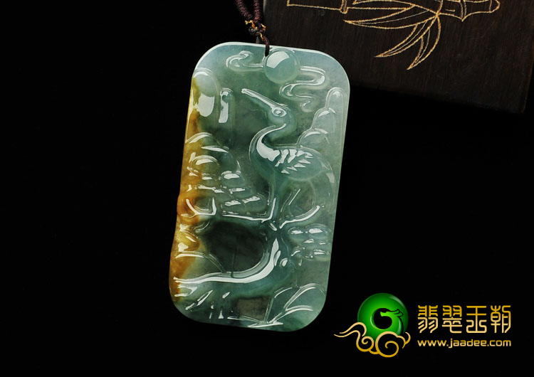 冰种黄翡飘花缅甸翡翠A货松鹤延年挂件