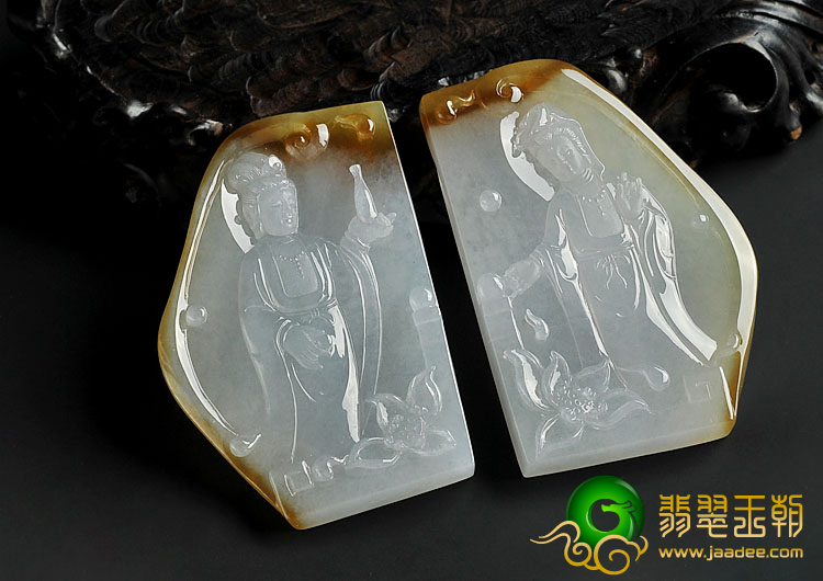 冰种褐黄翡缅甸翡翠A货观音挂件(一对)