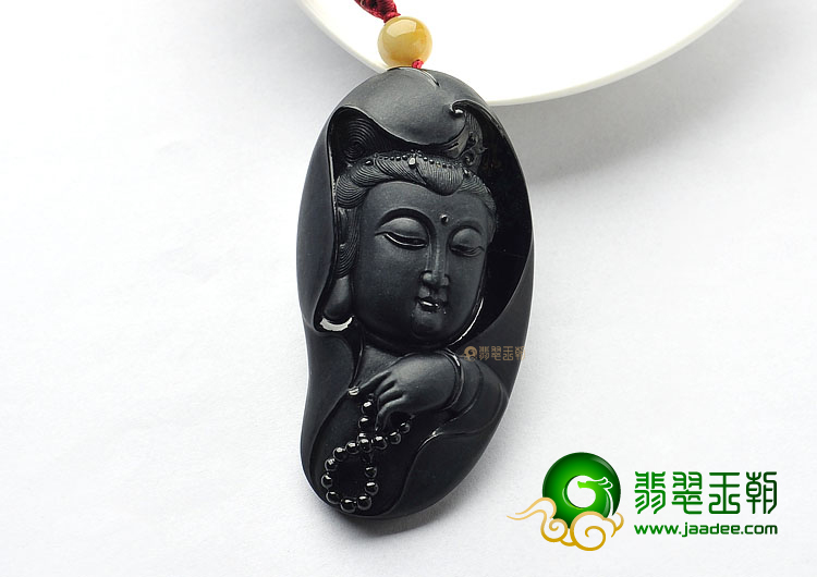 细糯种墨翠缅甸翡翠A货观音头挂件