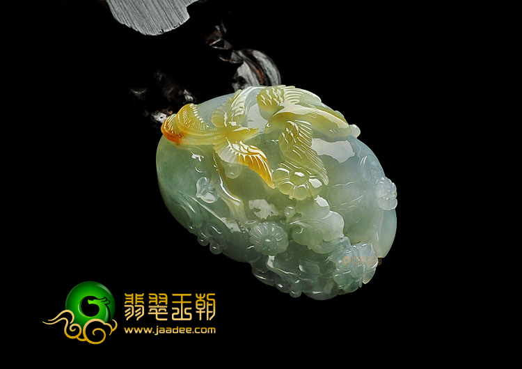 糯冰种褐黄翡晴水缅甸翡翠A货双喜临门挂件