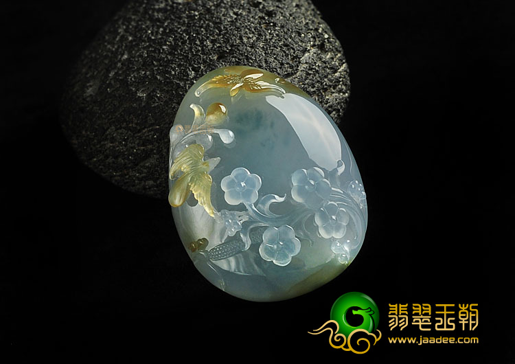 冰种褐黄翡略飘花缅甸翡翠A货花开富贵挂件