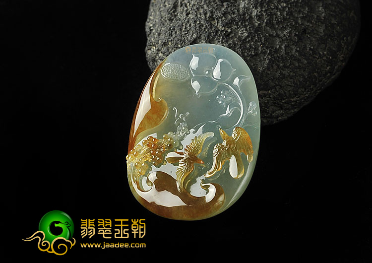 冰种褐黄翡晴水缅甸翡翠A货花开富贵挂件