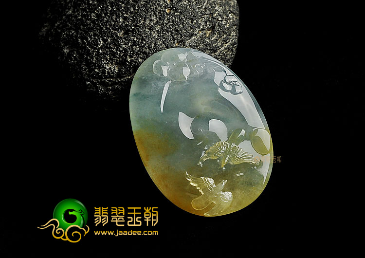 冰种黄翡略飘花缅甸翡翠A货花开富贵挂件