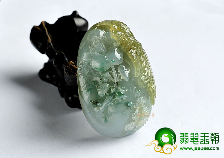 糯冰种褐黄翡略飘花缅甸翡翠A货花开富贵挂件/手玩件