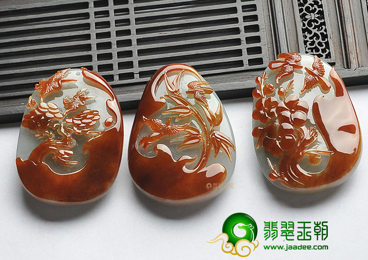 糯冰种褐红翡缅甸翡翠A货岁寒三友挂件(一套)