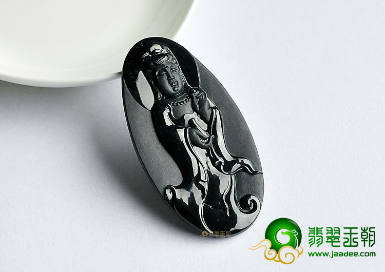 冰种墨翠缅甸翡翠A货站观音挂件
