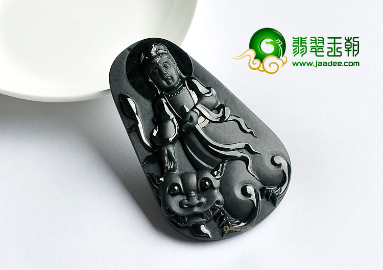 糯冰种墨翠缅甸翡翠A货文殊菩萨挂件