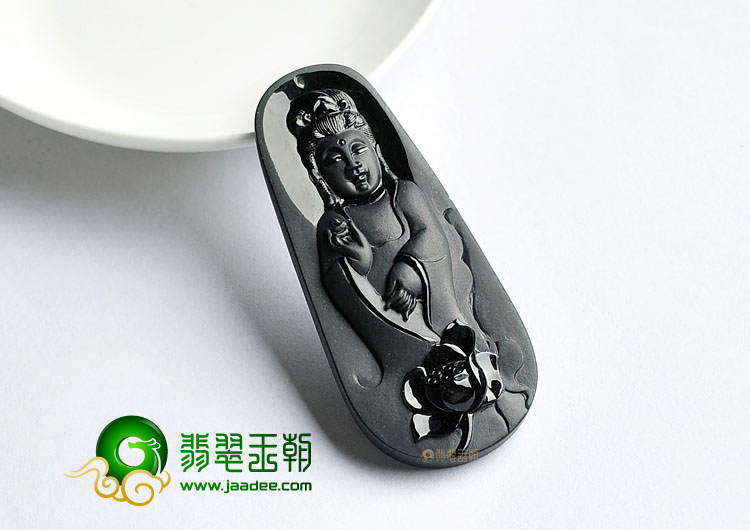 冰种墨翠缅甸翡翠A货莲花观音挂件