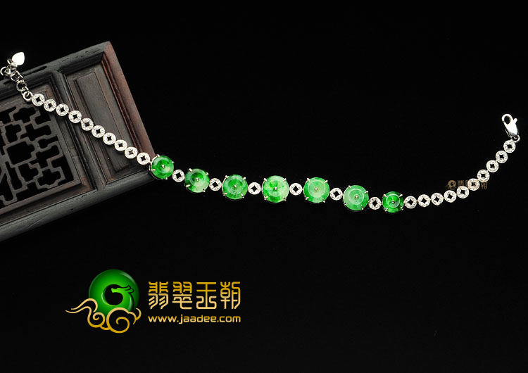 冰种飘翠缅甸翡翠A货镶白金平安扣手链(水钻)