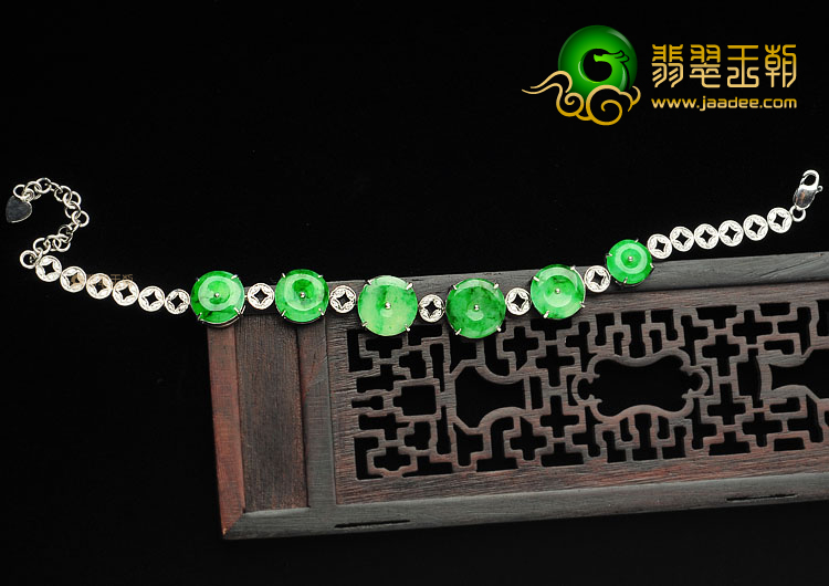 冰种飘翠缅甸翡翠A货镶白金平安扣手链(水钻)