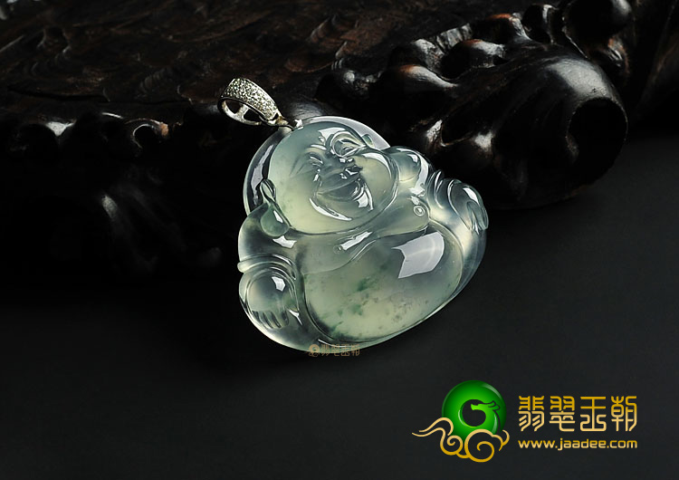 冰玻种略飘花缅甸翡翠A货镶金扣玉佛挂件