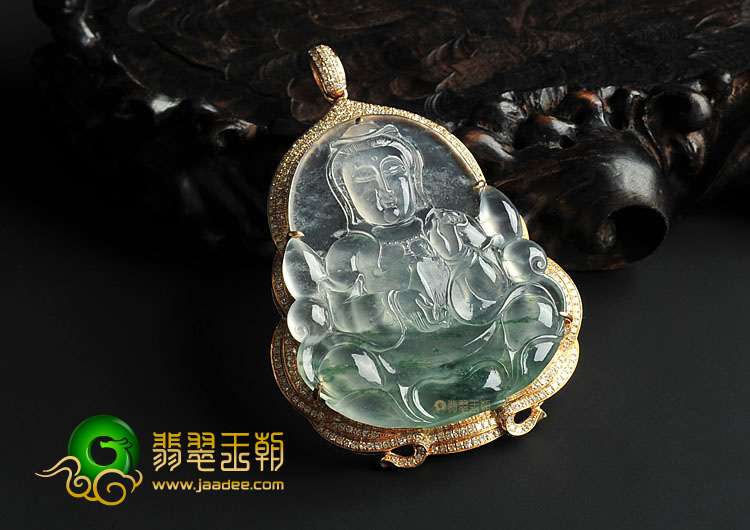 玻璃种飘花缅甸翡翠A货镶玫瑰金观音胸坠(真钻)