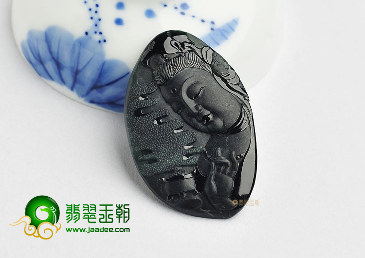 冰种墨翠缅甸翡翠A货观音头挂件