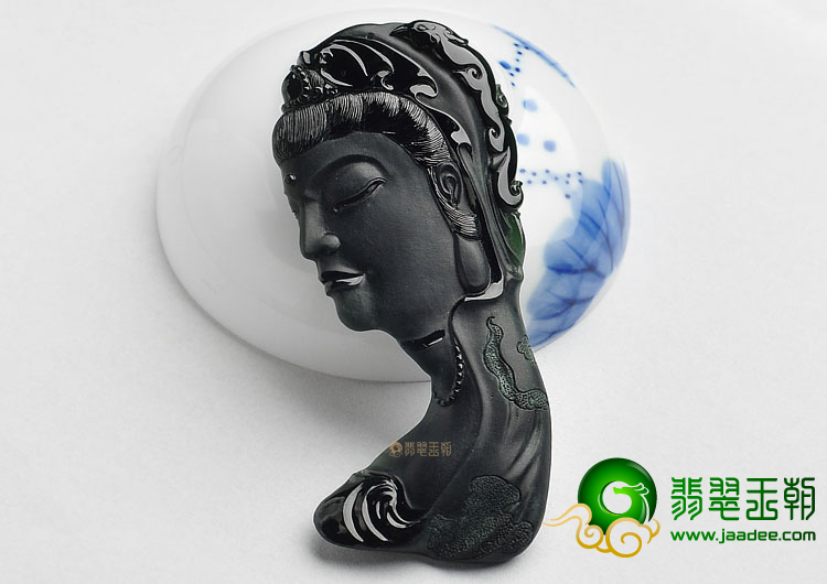 冰种墨翠缅甸翡翠A货观音头挂件