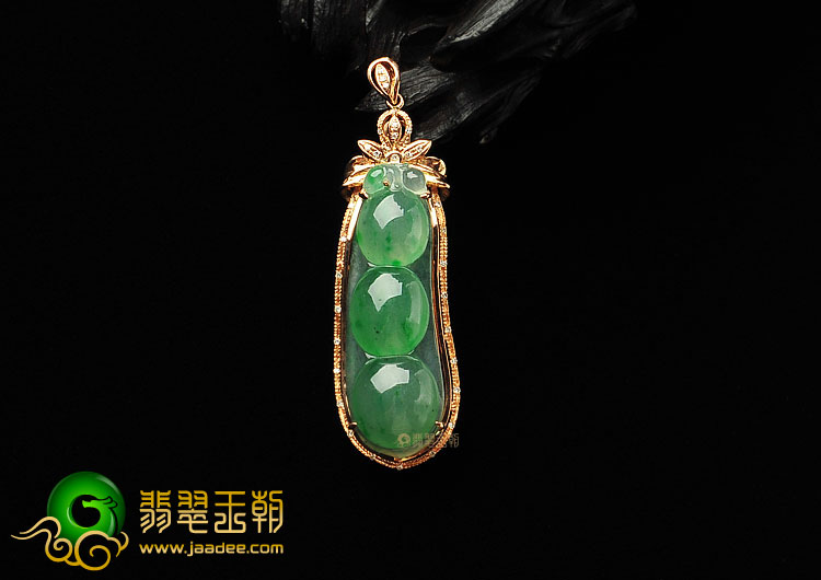 冰种飘翠缅甸翡翠A货镶玫瑰金四季豆胸坠(真钻)