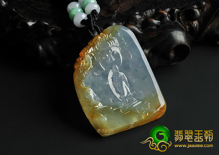 冰种黄翡飘花缅甸翡翠A货佛在心中挂件