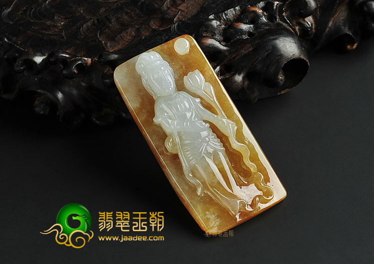 糯冰种褐黄翡缅甸翡翠A货站观音挂件