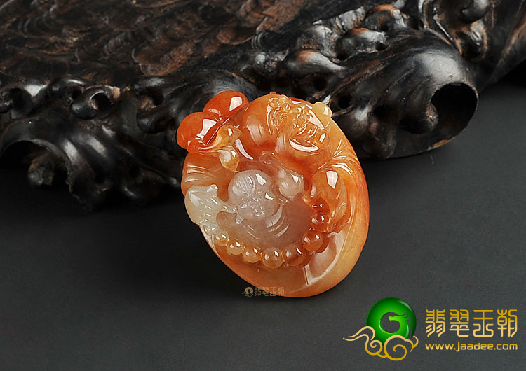 糯冰种红黄翡缅甸翡翠A货童子拜佛挂件