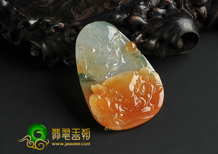 冰种红黄翡飘花缅甸翡翠A货怪兽头挂件