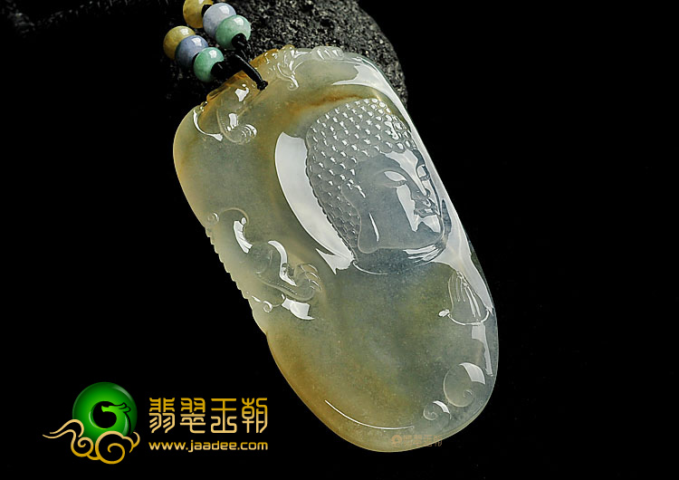 冰种黄翡略飘花缅甸翡翠A货释迦牟尼头挂件