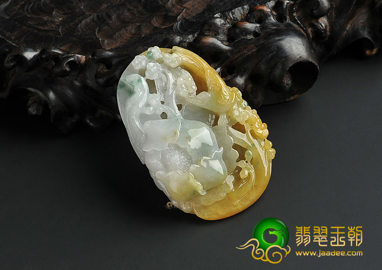 糯冰种黄翡飘花缅甸翡翠A货花开富贵挂件