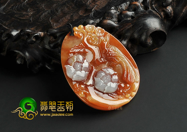 糯冰种红黄翡缅甸翡翠A货鸟语花香挂件