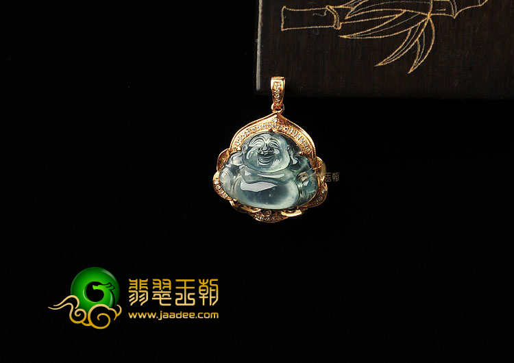 冰种略飘花缅甸翡翠A货镶玫瑰金玉佛胸坠(真钻)