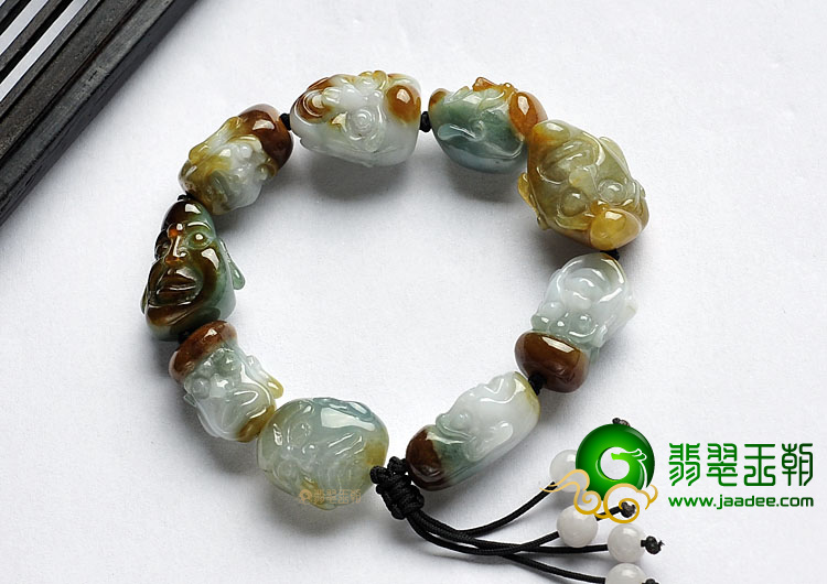 糯冰种三彩缅甸翡翠A货罗汉头手链
