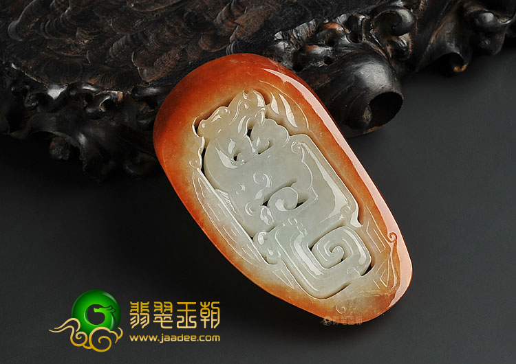 糯冰种红黄翡缅甸翡翠A货仿古牌挂件
