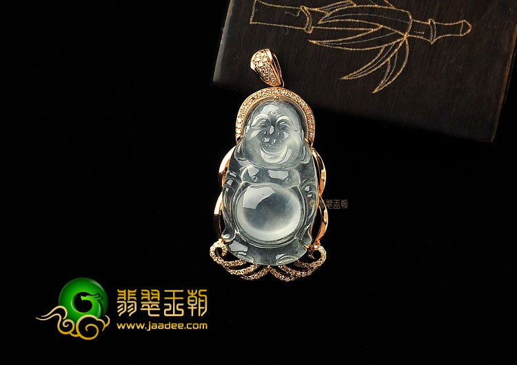 冰玻种无色缅甸翡翠A货镶玫瑰金站佛胸坠(真钻)