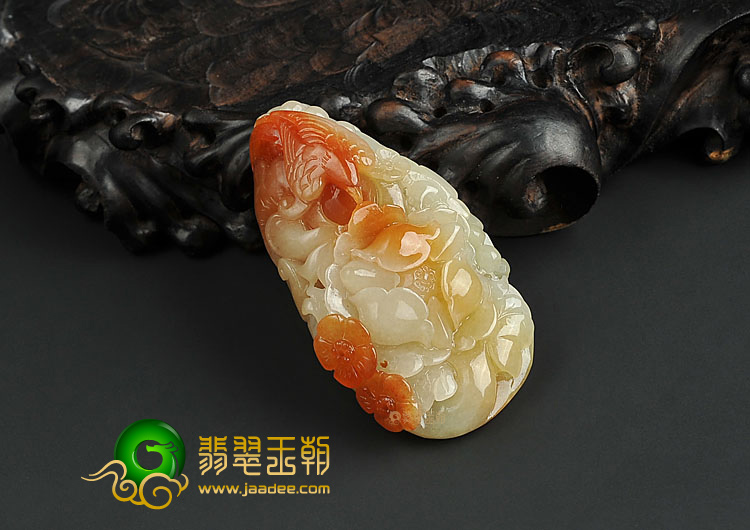 糯冰种红黄翡缅甸翡翠A货花开富贵挂件