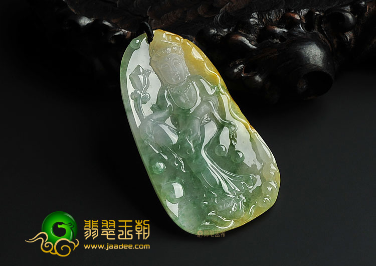 冰种黄翡飘花缅甸翡翠A货观音挂件