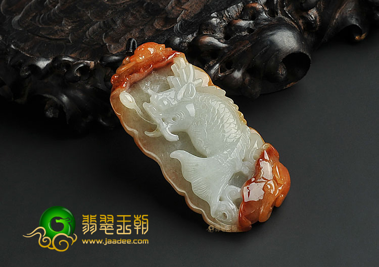 糯冰种红黄翡缅甸翡翠A货龙头鱼挂件