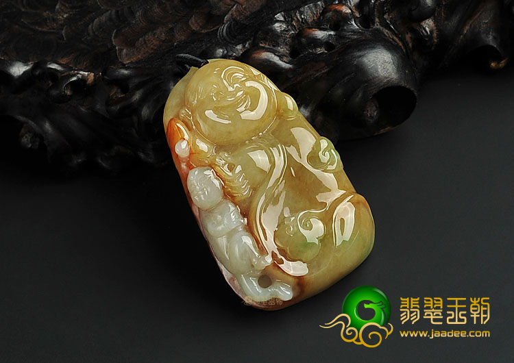 糯冰种褐黄翡缅甸翡翠A货童子拜佛挂件