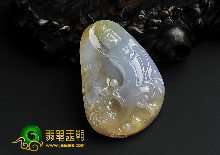 糯冰种黄翡紫罗兰缅甸翡翠A货降龙观音挂件