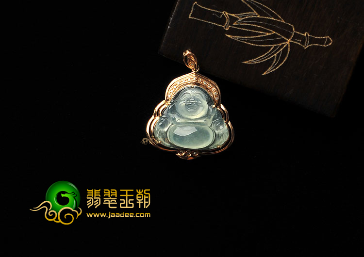 冰种淡晴水缅甸翡翠A货镶玫瑰金玉佛胸坠(真钻)