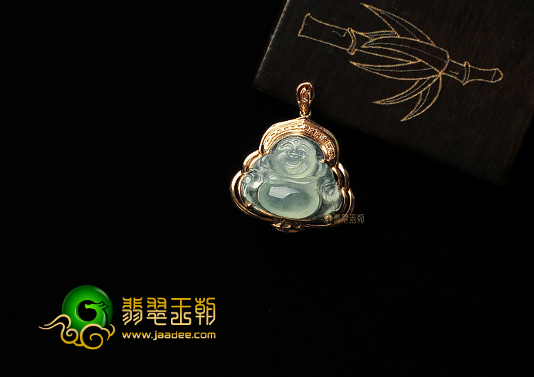 冰种淡晴水缅甸翡翠A货镶玫瑰金玉佛胸坠(真钻)
