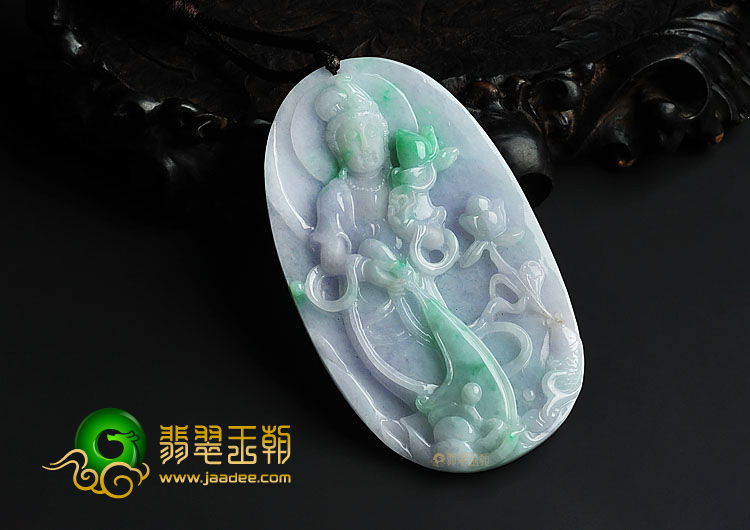 糯冰种春带彩缅甸翡翠A货站观音挂件