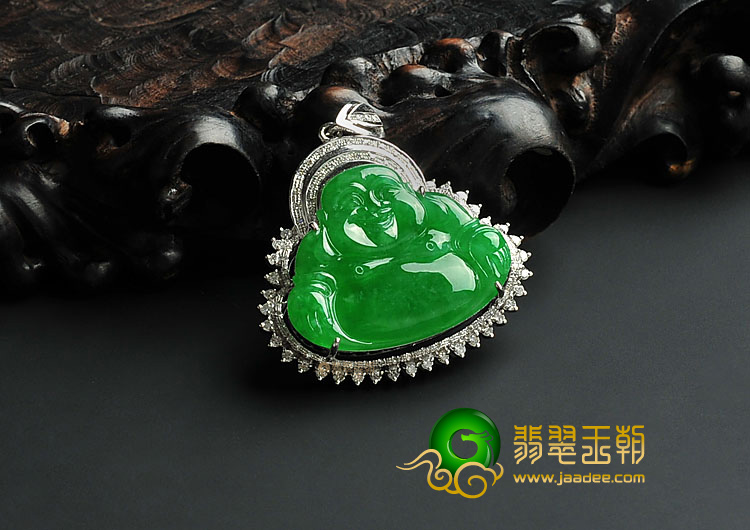 冰种正阳绿缅甸翡翠A货镶白金玉佛胸坠(真钻)