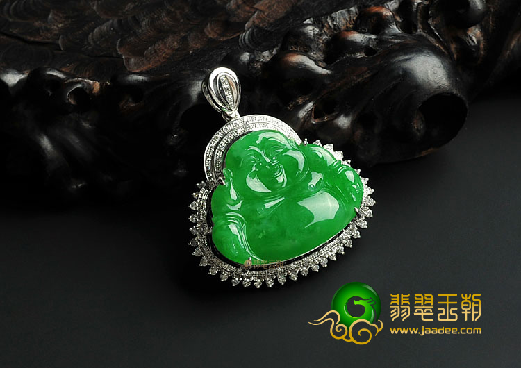 冰种正阳绿缅甸翡翠A货镶白金玉佛胸坠(真钻)