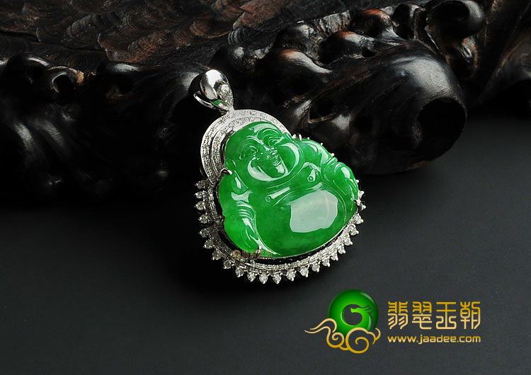 冰种正阳绿缅甸翡翠A货镶白金玉佛胸坠(真钻)